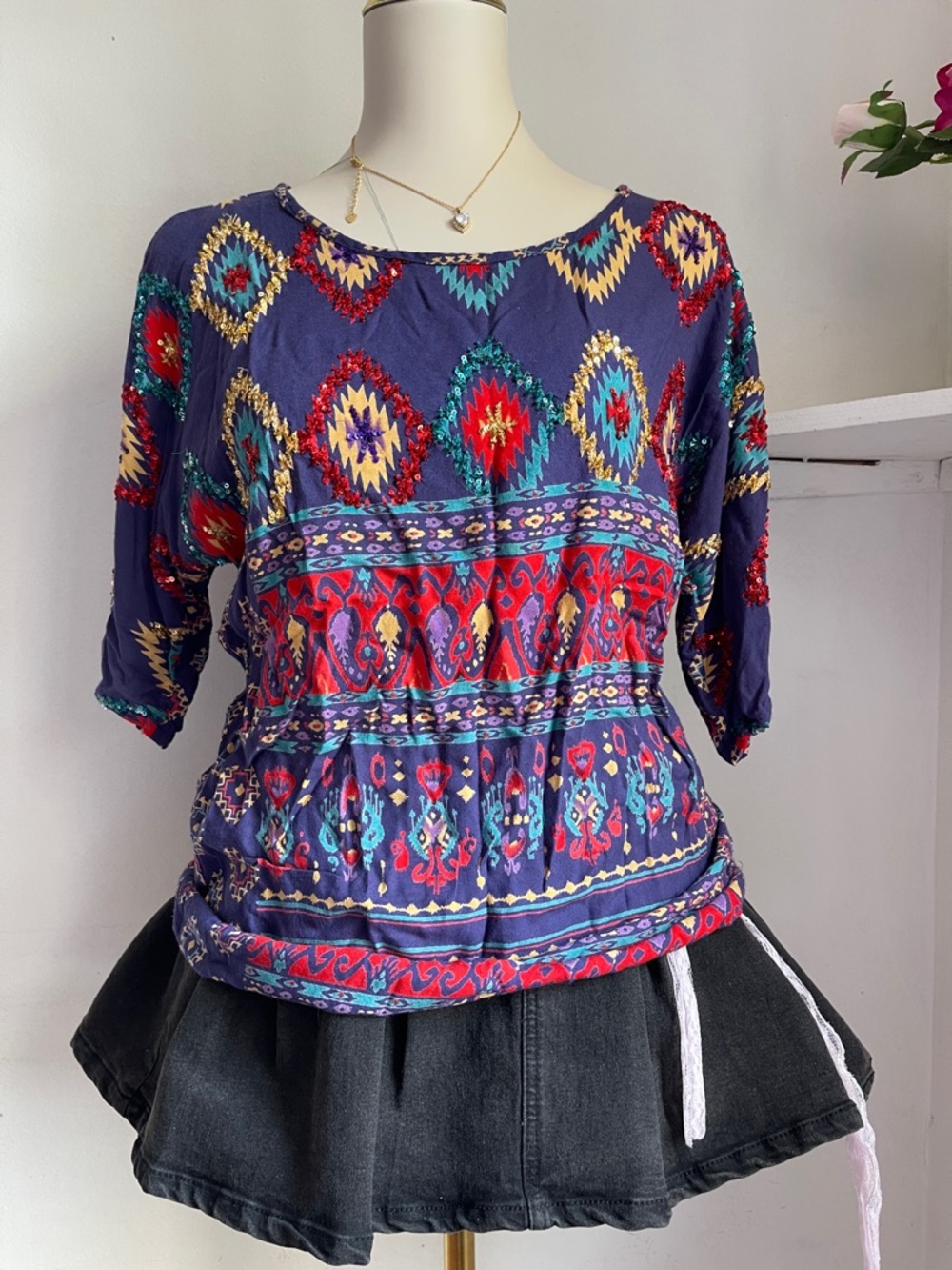 Boho-Print Navy Women's Peasant Top